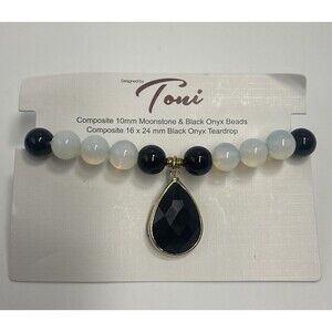 Toni Composite 10mm Moonstone & Black Onyx Beaded Bracket W/Teardrop Pendant New